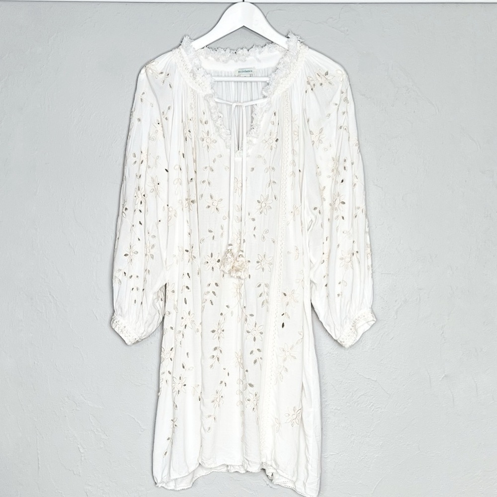 Sundance Trisha Eyelet White Fringe Trim V-Neck Tassel Tie CoverUp Dress Medium - Picture 2 of 11